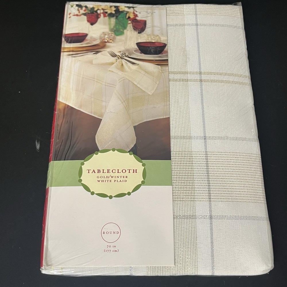 Target Gold Winter White Plaid Round Tablecloth 70 Inch Holiday Christmas Decor